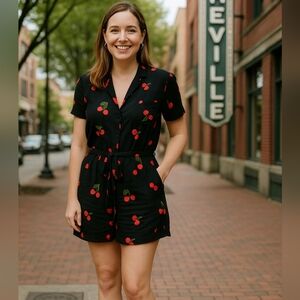 ModCloth Plus 2X Black Red Cherry Print Jumper Romper Short Sleeve Collared 🍒‎